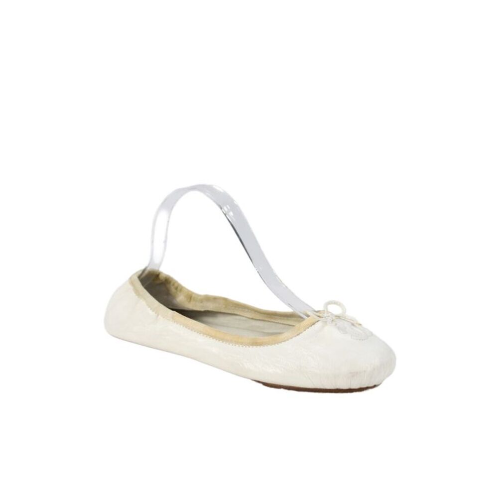 Chanel Womens Leather Bow Tie Logo Ballet Flats White Size 9
